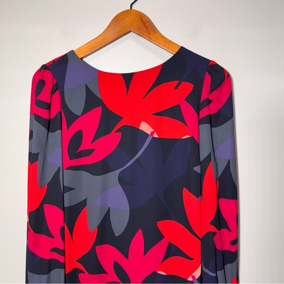 LOFT Red Flounce Fleur Floral Drop Waist Long Sleeve Shift Dress Size Small - Picture 3 of 11